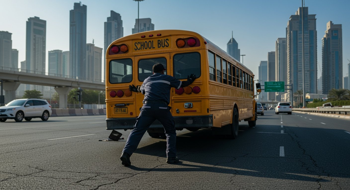 Viral Moment: Dubai Delivery Driver Hailed as 'Real Life Hero' for Pushing Stranded School Bus