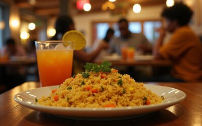 Cinematic wide-angle shot of a warm, inviting East African restaurant interior with artfully arranged dishes of vibrant cuisine, representing the cultural fusion and welcoming atmosphere of Baobab Fare in Detroit.