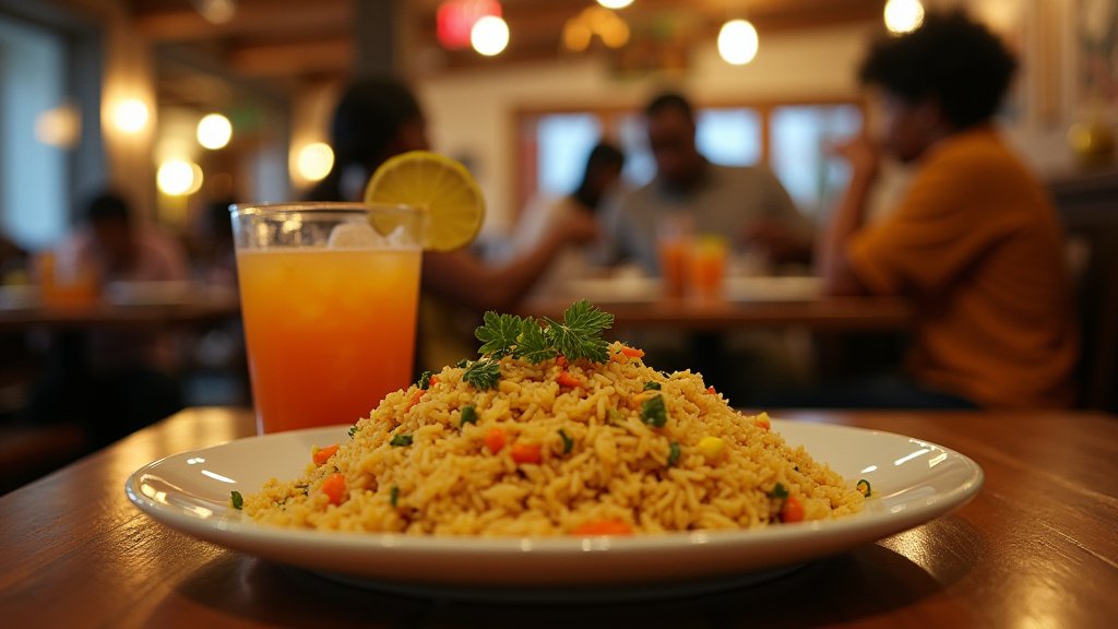 Cinematic wide-angle shot of a warm, inviting East African restaurant interior with artfully arranged dishes of vibrant cuisine, representing the cultural fusion and welcoming atmosphere of Baobab Fare in Detroit.
