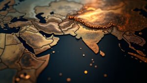 Cinematic wide-angle shot of the Strait of Hormuz, symbolizing global energy security and geopolitical tensions amid the US-Iran conflict.