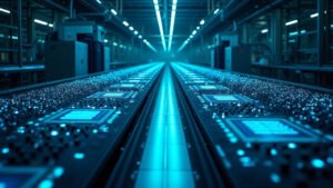 A cinematic wide-angle shot of a high-tech semiconductor fabrication plant interior, symbolizing Elon Musk's 'Terafab' chip manufacturing initiative.