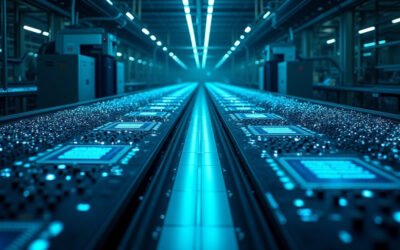 A cinematic wide-angle shot of a high-tech semiconductor fabrication plant interior, symbolizing Elon Musk's 'Terafab' chip manufacturing initiative.