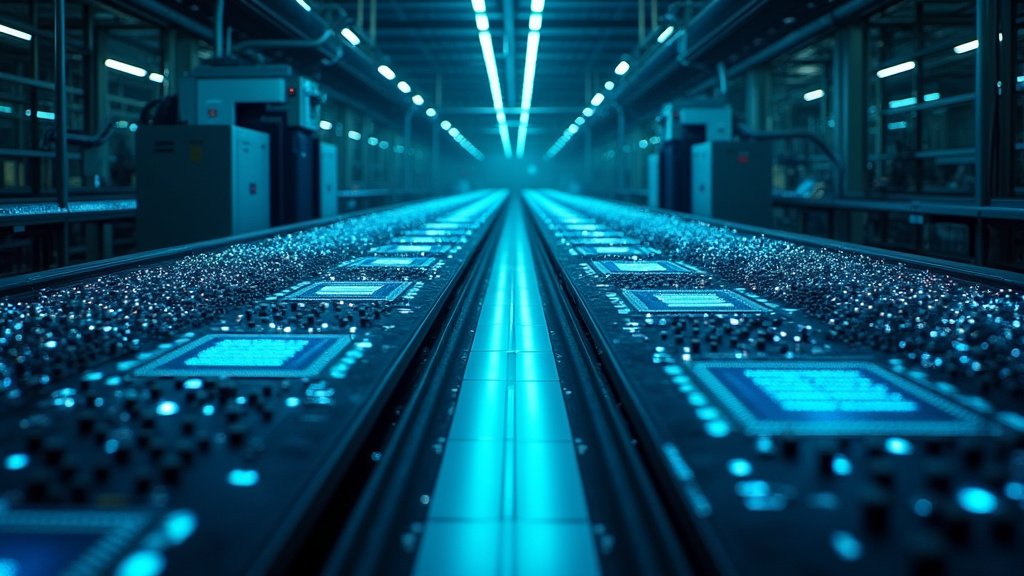 A cinematic wide-angle shot of a high-tech semiconductor fabrication plant interior, symbolizing Elon Musk's 'Terafab' chip manufacturing initiative.