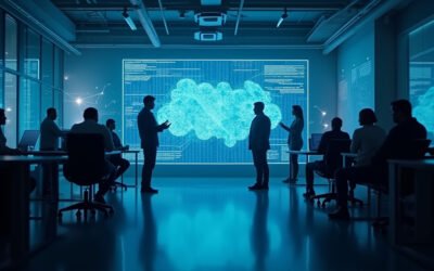 Cinematic wide-angle shot of a modern, high-tech office environment symbolizing OpenAI's ambitious workforce expansion and its focus on AI development and collaboration.