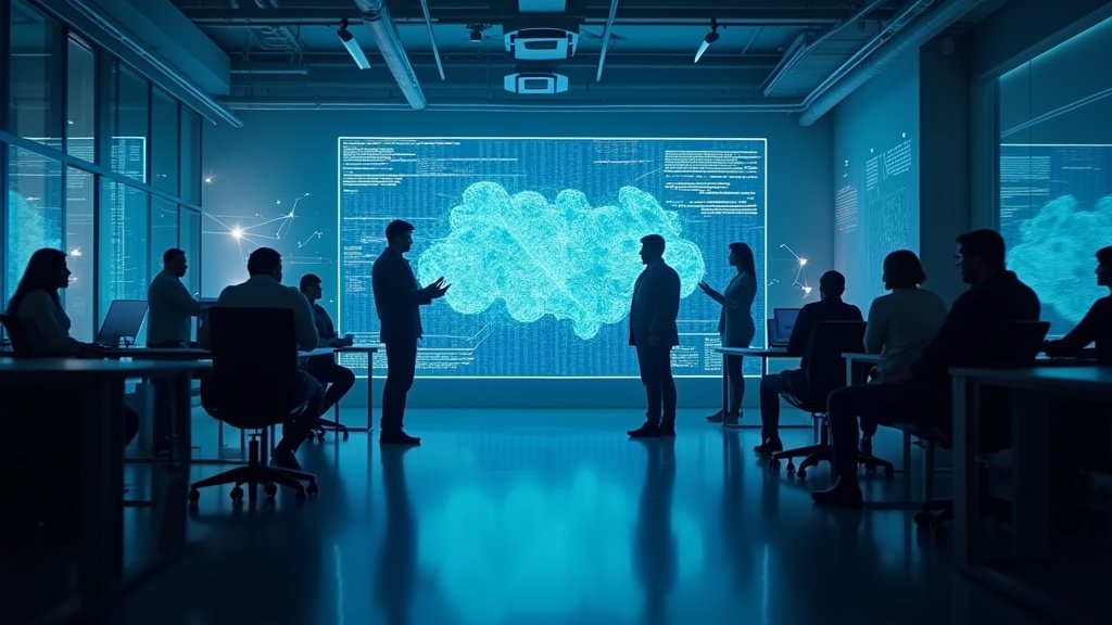 Cinematic wide-angle shot of a modern, high-tech office environment symbolizing OpenAI's ambitious workforce expansion and its focus on AI development and collaboration.