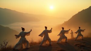 Cinematic wide-angle shot of Tai Chi practitioners performing in a serene mountain landscape at sunrise, symbolizing the essence of International Taijiquan Day.
