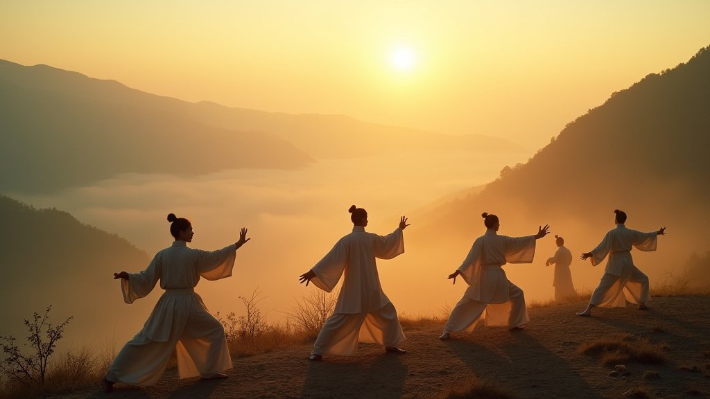 Cinematic wide-angle shot of Tai Chi practitioners performing in a serene mountain landscape at sunrise, symbolizing the essence of International Taijiquan Day.