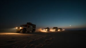 Cinematic wide angle shot of a military operations room symbolizing the strategic deployment of US troops to the Middle East