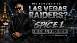 Spice 1 pictured in Las Vegas beside Allegiant Stadium in an editorial campaign asking who represents the Las Vegas Raiders and Raider Nation.