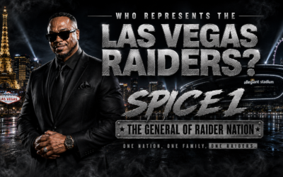 Spice 1 pictured in Las Vegas beside Allegiant Stadium in an editorial campaign asking who represents the Las Vegas Raiders and Raider Nation.