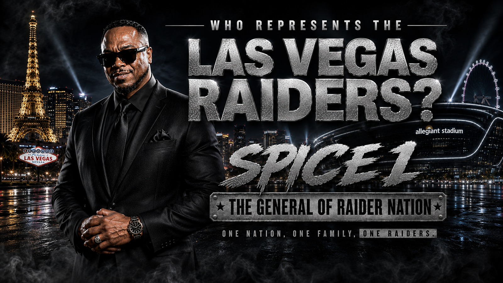 Spice 1 pictured in Las Vegas beside Allegiant Stadium in an editorial campaign asking who represents the Las Vegas Raiders and Raider Nation.